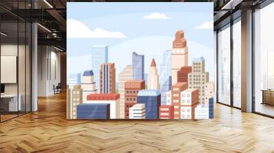 Panoramic view of modern buildings, skyscrapers, towers in business city block. Horizontal cityscape of financial center or downtown on summer day. Colored flat cartoon vector illustration Wall mural