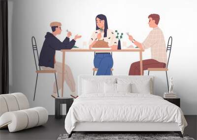 Parents and son teenager at family dinner, eating and talking at dining table. Happy mother, father and teen boy having meal together at home. Flat vector illustration isolated on white background Wall mural