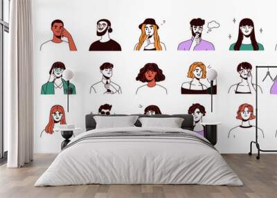 People avatars set. Young men and women with thinking face expressions. Modern line character heads, happy smiling thoughtful girls and guys. Flat vector illustrations isolated on white background Wall mural