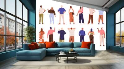 People from behind set. Men, women turned back, rear view. Characters standing backside. Persons gesturing, pointing with finger, looking up. Flat vector illustrations isolated on white background Wall mural