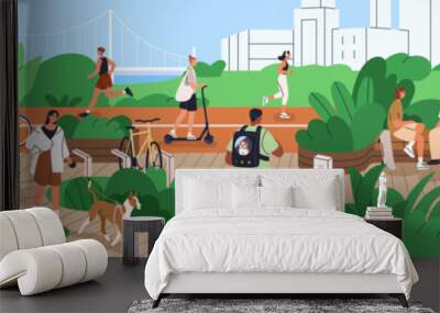 People in eco city park landscape. Characters walking, jogging, riding bicycles and scooters, enjoying summer weekend lifestyle. Men and women during outdoor rest, relax. Flat vector illustration Wall mural