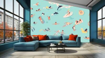 People in sea or ocean performing various activities. Men and women swimming, diving, surfing, lying on floating air mattress and sunbathing, playing with ball. Flat cartoon vector illustration. Wall mural