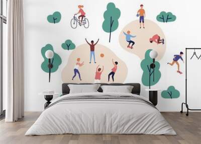 People playing together, skateboarding and riding bicycle and kick scooter outdoor. Men and women practicing sports activities in park. Healthy lifestyle. Flat cartoon colorful vector illustration. Wall mural