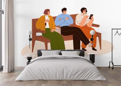 People sitting on bench, waiting in queue. Diverse characters group expecting. Man sleeping, women with mobile phone and coupon, ticket. Flat vector illustration isolated on white background Wall mural