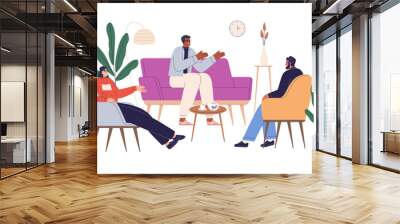 People talking, speaking in living room. Friends communication, conversation, meeting, gathering. Men, women sitting on sofa at home lounge. Flat vector illustration isolated on white background Wall mural