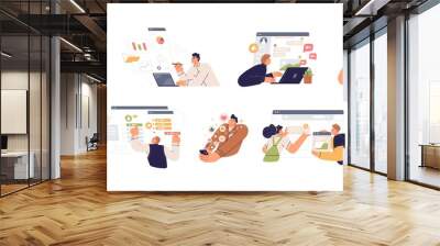 People working with big data, analyzing and auditing business processes. Online communication, analytics, management and multitasking. Colored flat vector illustration isolated on white background Wall mural