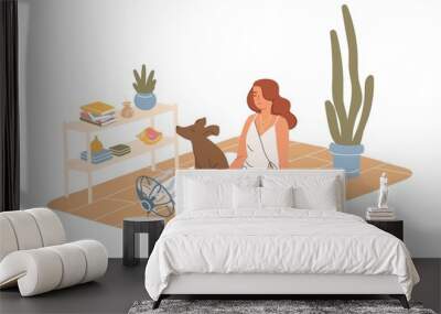 Person and dog relaxing with electric fan blowing cooling air on hot summer day. Woman and pet chilling indoors in the heat. Colored flat cartoon vector illustration isolated on white background Wall mural