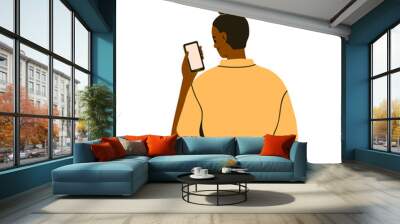 Person looking at smartphone screen. Black woman from behind, holding mobile cell phone in hand, reading. Girl with cellphone, back view. Flat vector illustration isolated on white background Wall mural