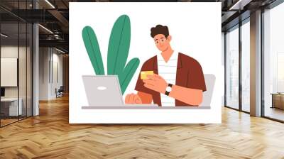 Person making online electronic payment with laptop and bank card. Man buying smth. through internet and paying for it using computer. Colored flat vector illustration isolated on white background Wall mural