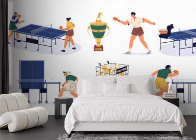 Ping-pong set. Playing table tennis, indoor sport game. Pingpong players, athletes training with opponent, machine. Ball, rackets for tabletennis. Flat vector illustration isolated on white background Wall mural