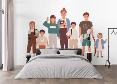 Portrait of happy children and teenagers. Group of modern boys and girls of different ages standing together. Flat vector illustration of sisters and brothers isolated on white background Wall mural