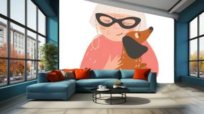 Portrait of old lady or woman holding his dachshund dog and hugging. Beautiful female cartoon character embracing domestic animal. Pet love and care. Colorful vector illustration in flat style. Wall mural