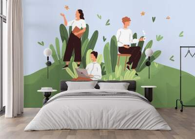 Positive working environment with happy employees concept. Comfortable workplace with good conditions, conducive psychological climate and healthy relations between workers. Flat vector illustration Wall mural