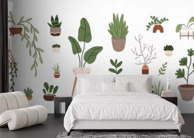 Potted plants set. Leaf houseplants in planters, indoor flowerpots, vases. Different growing foliage decor for modern home interior decoration. Flat vector illustrations isolated on white background Wall mural