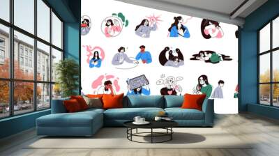 Psychological and mental health concepts. Characters with psychology and mind problems, disorders, anxiety and fear emotions, depression, stress. Flat vector illustrations isolated on white background Wall mural