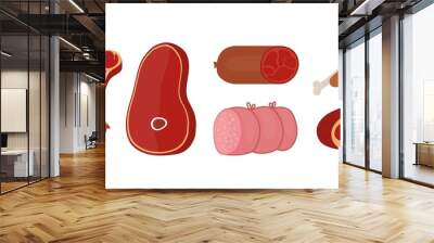 Raw meat products flat vector illustrations set. Butchery shop fresh assortment. Pork slice and beef steak isolated cliparts pack on white background. Sausage, chicken leg design elements collection. Wall mural