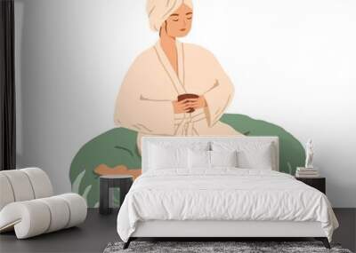 Relaxed young woman resting with tea in Spa and Wellness center. Female character in gown and bath towel sitting in beauty salon. Colored flat vector illustration isolated on white background Wall mural