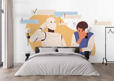 Robot vs human concept. Smart AI versus people's mental capacity. Artificial intelligence and person thinking and solving problems. Colored flat vector illustration isolated on white background Wall mural