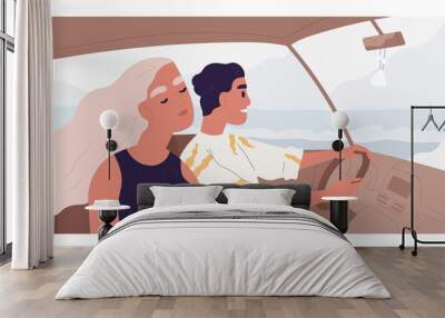 Romantic couple of happy people inside car. Friends enjoying road trip on summer holiday. Side view of woman and man driving auto and traveling to sea on vacation. Colored flat vector illustration Wall mural