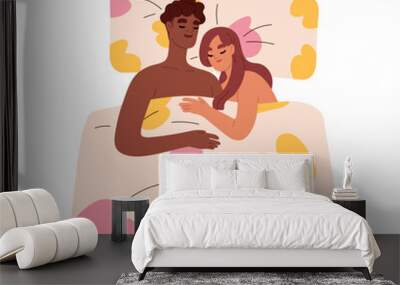 Romantic intimate relationship of interracial couple. Biracial love concept. Man and woman of mixed different race sleeping in bed together. Flat vector illustration isolated on white background Wall mural