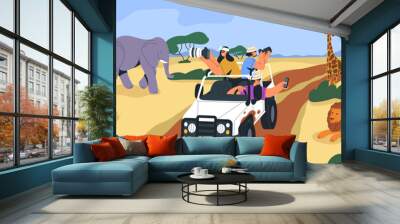 Safari tour in Africa. Tourists in jeep car taking photos of wild animals in savannah. People with cameras riding vehicle, wildlife adventure trip. Journey to African savanna. Flat vector illustration Wall mural