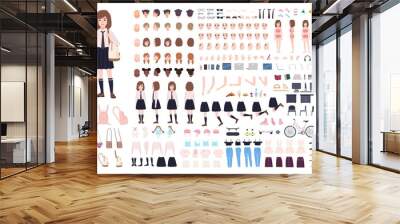 School girl constructor or DIY kit. Set of young female character body parts, facial expressions, uniform isolated on white background. Front, side and back views. Flat cartoon vector illustration. Wall mural