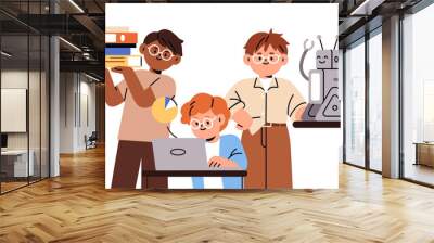 School students group learning technology, robotics and coding. Children, boys studying together. Kids education with computer and books. Flat vector illustration isolated on white background Wall mural