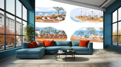 Sea and ocean beaches with umbrellas and deckchairs. Summer landscapes of luxury equipped seaside resorts with sand coast, sunbeds and parasols. Flat vector illustration isolated on white background Wall mural