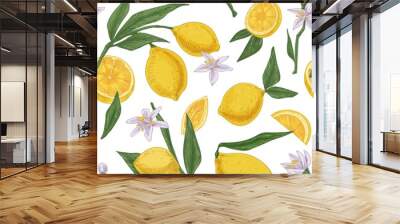 Seamless citric pattern with citrus fruits, flowers and leaves of blooming lemon tree on white repeatable background. Endless texture in retro style. Drawn colored vector illustration for printing Wall mural