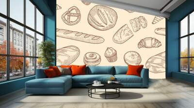 Seamless pattern with different breads and backed products hand drawn with contour lines on light background. Backdrop with bakery assortment. Elegant realistic vector illustration for wrapping paper. Wall mural