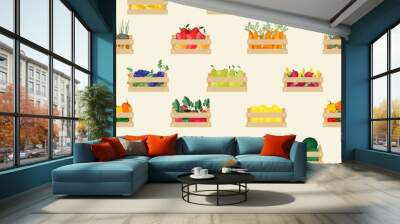 Seamless pattern with natural organic fruits and vegetables in wooden boxes on white background. Backdrop with food crops collected in crates. Flat cartoon colorful vector illustration for wallpaper. Wall mural