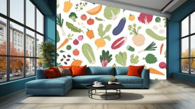 Seamless vegetarian pattern with healthy vegetables and fresh green food on white background. Repeatable texture design with different organic veggies for printing. Colored flat vector illustration Wall mural