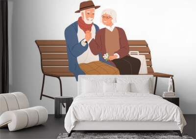 Senior love couple of two old people sitting on bench together. Happy smiling elderly man and woman hugging and holding hands on date. Colored flat vector illustration isolated on white background Wall mural