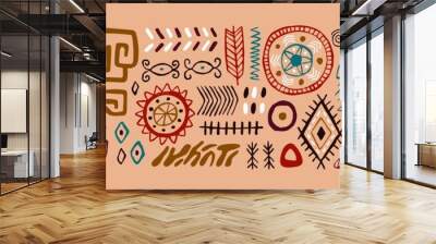 Set of abstract African tribal geometric shapes, ancient ethnic traditional symbols and ornate signs. Hand-drawn oriental elements in doodle style. Isolated colored flat vector illustrations Wall mural