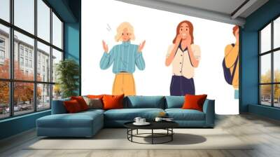 Set of amazed, surprised young people. Young man and woman with open mouths and excited reactions. Wow effect. Happy, glad teenagers. Flat vector cartoon illustration isolated on white background Wall mural