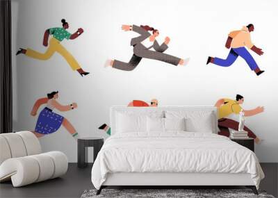 Set of ambitious people running fast, hurrying to their goals and rushing on urgent businesses. Concept of aspiration to success. Flat vector illustration of runners isolated on white background Wall mural