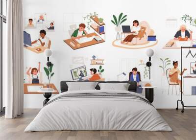 Set of children using PC and laptops. Kids playing computer games, coding, studying and chatting with friends online. Colored flat vector illustration of boys and girls isolated on white background Wall mural