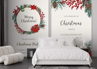 Set of Christmas flyer or party invitation templates decorated with coniferous tree branches and cones, holly leaves and berries, poinsettia. Vector illustration for celebratory event announcement. Wall mural