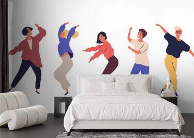 Set of dancing people having fun isolated on white background. Collection of smiling male and female in colorful clothing enjoying dance party. Cartoon dancers vector flat illustration Wall mural