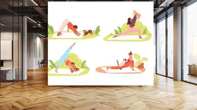 Set of different flexible people practicing yoga with pets at home or outdoor vector flat illustration. Collection of diverse man and woman exercising with cats, dogs and goatlings isolated on white Wall mural