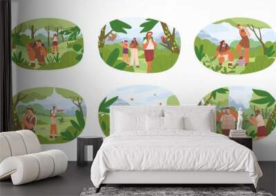 Set of different people exploring nature vector flat illustration. Collection of man and woman explorers contemplate to animals, plants isolated on white. Researchers use binocular and magnifier Wall mural