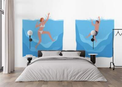 Set of different sinking people vector flat illustration. Collection of man, woman and child in swimwear drowning in water isolated on white. Scared person trying survive splashing or catch lifebuoy Wall mural