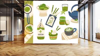 Set of different tasty matcha food vector flat illustration. Collection of cartoon healthy delicious and drink isolated on white. Female hands enjoying latte beverage and dessert. Organic meal Wall mural