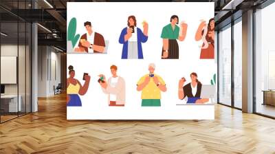 Set of diverse people with payment receipts and bank cards vector flat illustration. Collection of man and woman online cashless paying, having large amount at invoice isolated on white background Wall mural