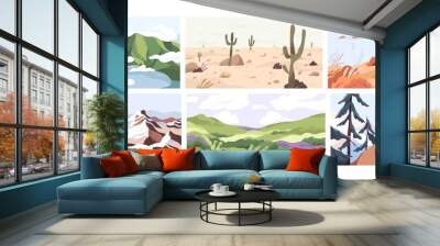 Set of empty landscapes and sceneries with snowy mountain tops, hills, field, lake, sea and desert. Collection of scenic nature views in spring, summer and autumn. Colored flat vector illustration Wall mural