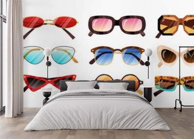 Set of fashionable sunglasses different shape and color vector illustration. Collection of modern and vintage accessories for vision and protection from sunshine isolated on white background Wall mural