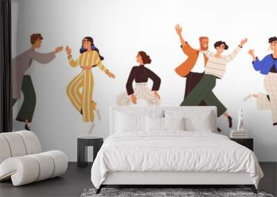 Set of happy joyful people having fun, rejoicing, dancing, fooling around with positive emotions. Laughing cheerful young men and women. Colored flat vector illustration isolated on white background Wall mural