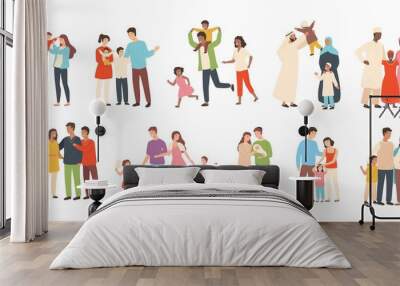 set of happy traditional heterosexual families with children. smiling mother, father and kids. cute  Wall mural