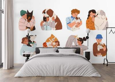 Set of kids hugging big and little dogs. Love and friendship between child and pet. Happy people embracing cute canine animals. Colored flat graphic vector illustration isolated on white background Wall mural