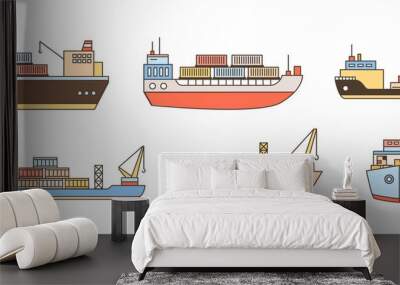 Set of modern cargo ship icons with loading crane, containers. Commercial trade goods shipment, shipping logistics, transportation, delivery. Line art vector illustration isolated on white background Wall mural